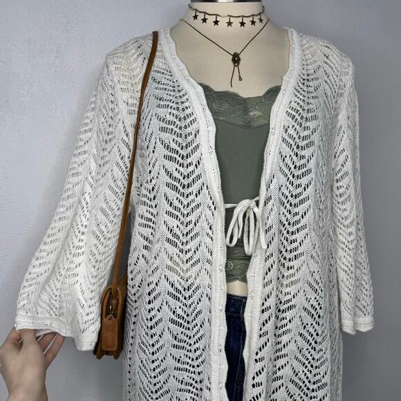Y2K 90s Costal Cowgirl Open Knit Tie Cardigan White Plus Size - Picture 2 of 5